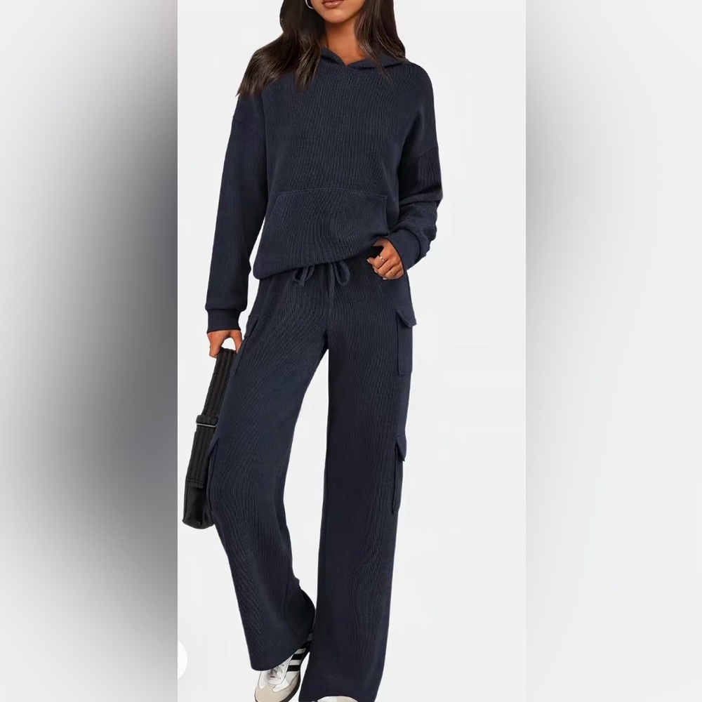 Navy Blue 2-Piece Knitted Set, Hoodie & Wide leg Cargo Track Suit Lounger